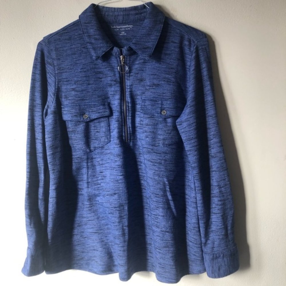 ❤️Soft Surroundings Blue Half Zip Sweater Collar Chest Pockets Space Dye Size L